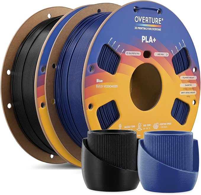 OVERTURE 2KG Bundle High Speed PLA+ 3D Printer Filament 1.75mm, Upgraded Rapid PLA 2.0 with Enhanced Toughness & Stability, 2 Pack 1kg Spool (2.2lbs) Fit Most FDM 3D Printers (Black+Blue)