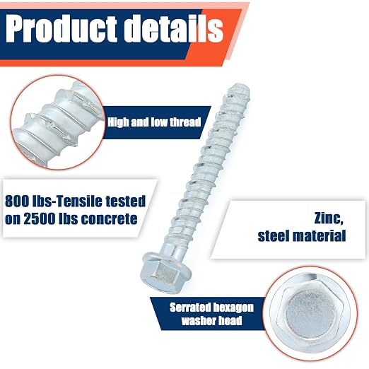 Tandefio 40 Pack 1/2" x 4" Galvanized Concrete Anchors and Screws Kit Large Diameter Concrete Heavy Duty Plated Hex Head Screw for Anchoring Masonry Brick Block Stucco Cement
