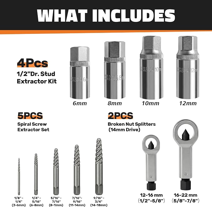 11PCS Bolt Extractor Set, Heavy Duty Screw & Stud Remover Kit for Stripped, Rusted & Damaged Bolts, Nuts and Pipes