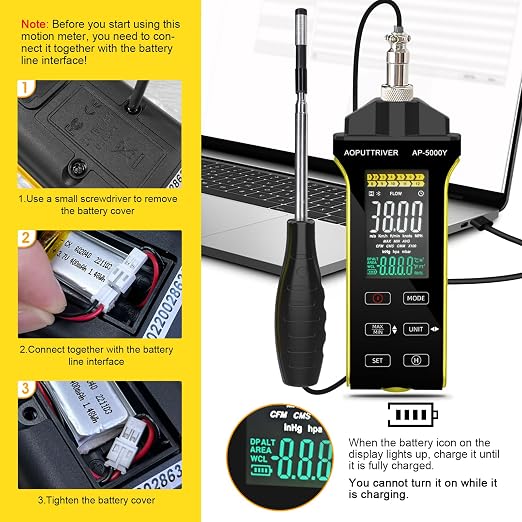 Hot Wire Anemometer Handheld CFM/CMM Air Flow Meter with 360° Revolve Telescopic Probe Measures Airflow and Temperature in Air Flow Velocity for HVAC Cone Duct-AP-5000Y