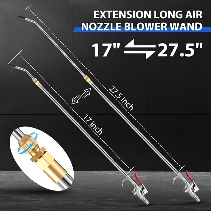 Long Reach Pneumatic Air Blow Gun, Extension Air Nozzle Blower Wand Fit 1/4" NPT Inlet & Lever Grip, Heavy Duty Industrial Blow Gun Pneumatic Tool for Radiator Compressor(17–27.5 Inch)