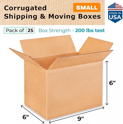 Small Moving & Shipping Boxes 9"L x 6"W x 6"H (25-Pack) - Extra Strength 200 lb vs Regular - USA-Made Corrugated Strong Boxes for Packaging - Small Packaging Box - Heavy Duty Box by IDL Packaging