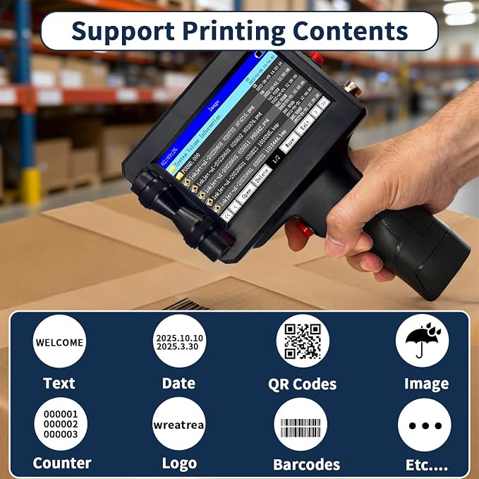 KAKAONE Handheld Inkjet Printer, 0.5" Nozzle Portable Coding Machine for QR Code Barcode Date Logo Batch Number on Metal Plastic Wood Glass Fabric Paper