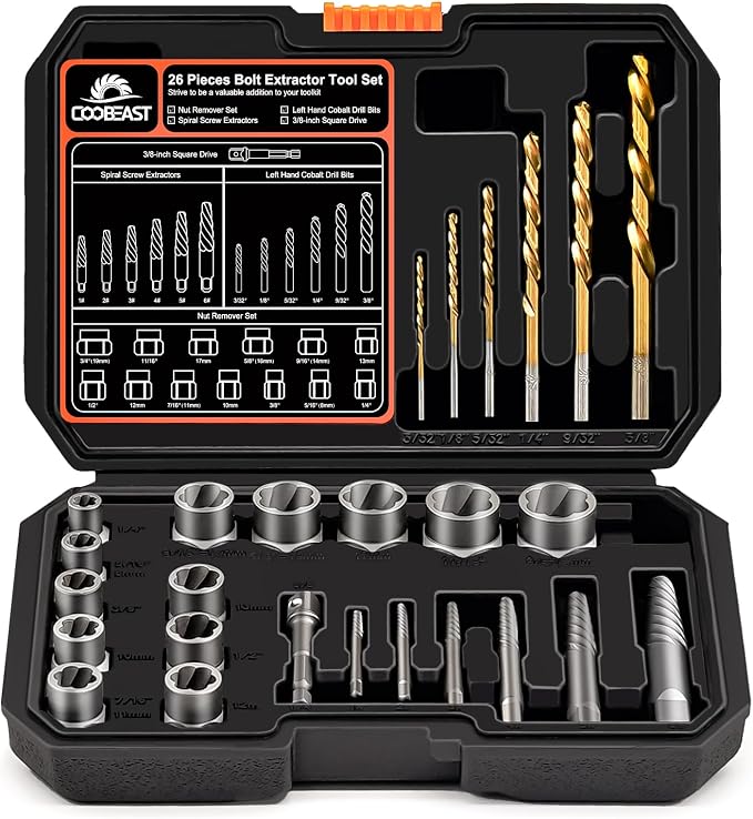 Coobeast 26Pcs Bolt Extractor Kit and Left Handed Drill Bit, Easy Out Screw Extractor with Reverse Drill Bit Extractor Set for Damaged Stripped Broken Lug Nut Bolt and Nut Remove with Hex Adapter