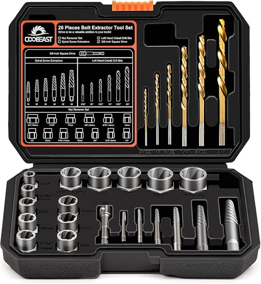 Coobeast 26Pcs Bolt Extractor Kit and Left Handed Drill Bit, Easy Out Screw Extractor with Reverse Drill Bit Extractor Set for Damaged Stripped Broken Lug Nut Bolt and Nut Remove with Hex Adapter