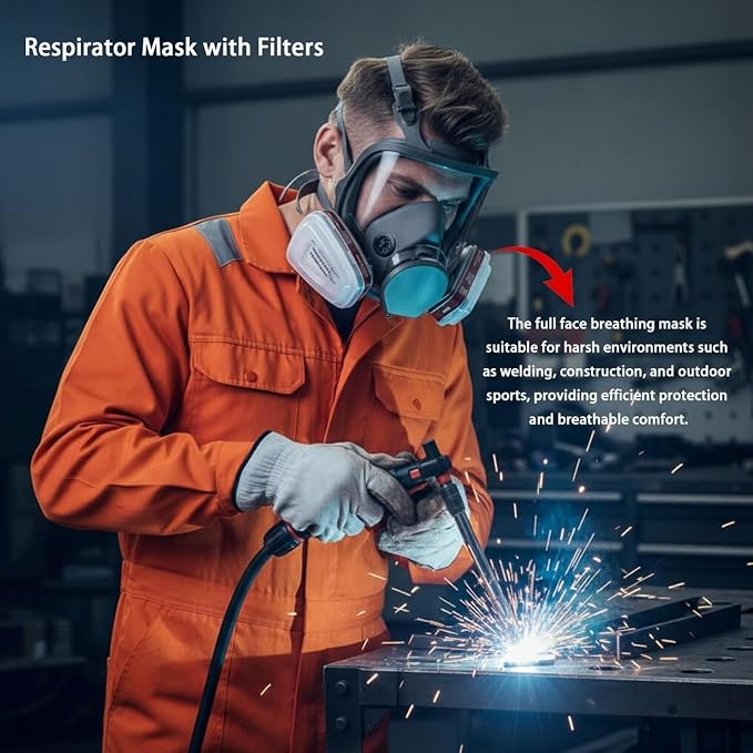 Full Face Respirator Mask with Extra Filters, Reusable Gas Mask for Organic Vapors, Dust, Paint, Chemical Work & Woodworking, Complete Kit with Earplugs & Storage Bag