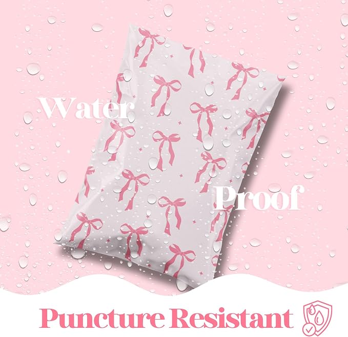 Pretty Package Store Poly Mailer 6x9, Pink Bows Coquette, 100 Pack | Heavy Duty, Waterproof, Self Seal, Tear Resistant, Shipping Bags for Small Business Packaging, Bulk Mailing Envelopes