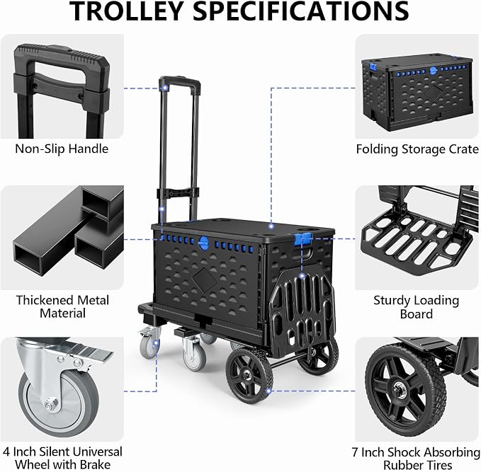 KEDSUM 4-in-1 Convertible Dolly Cart with Folding Crate, 600LBS Heavy Duty Hand Truck Dolly, Hand Truck with Adjustable Handle Angle & Expandable Base for Home,Warehouses,Dorm, Collapsible