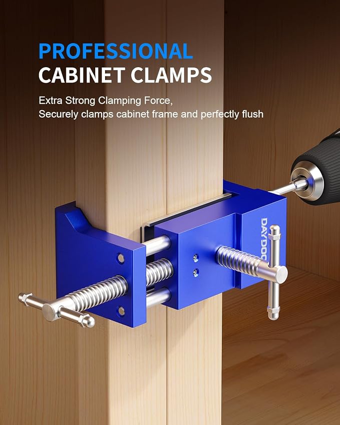 DAYDOOR Professional Cabinet Installation Clamps 4 Pack, Heavy Duty Face Frame Alignment Tool with Integrated Drill Guide & EVA Protection, Woodworking Claw Clamps, Blue