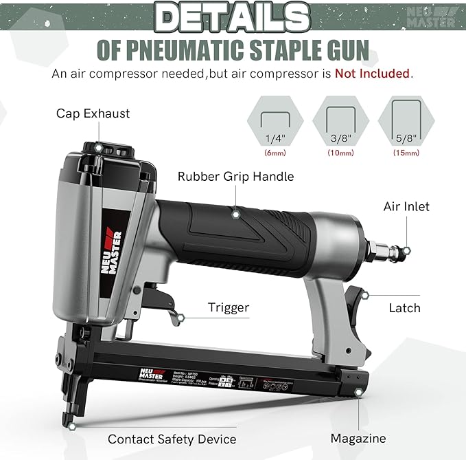NEU MASTER Pneumatic Staple Gun 20 Gauge, Air Powered Upholstery Stapler with 1500pcs Staples (1/4"–5/8"), Lightweight Stapler for Woodworking, Furniture, DIY & Home Improvement