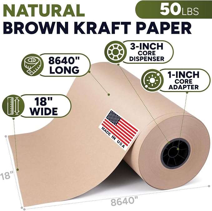 Paclord 18" x 8640" (720 feet) Natural Brown Kraft Paper Roll, 50 Lb Heavy-Duty – Made in USA Large Roll of Brown Wrapping Paper, 3-inch Core – for Packaging, Void Filling, Shipping, School, Crafts | 50 Lb Heavy-Duty – Made in USA Large Roll of Brown W...