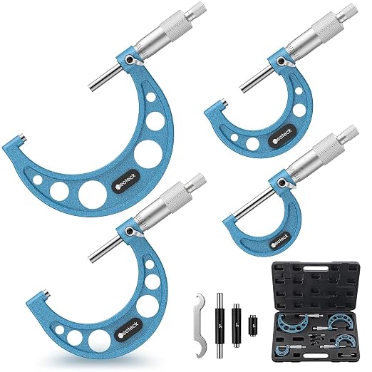 Neoteck 0-4"/0.0001" Outside Micrometer 4PCS Hardened Steel Precision Mechanical Micrometer Set with 1"/2"/3"Calibration Standards Wrench and Case for Machining, Automotive, Inspection