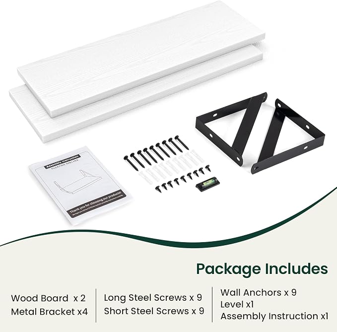 Floating Shelves 8 Inch Deep, 24W x 8D Wall Shelf Set of 2, 50 lbs Heavy Duty Reversible Metal Brackets, Industrial Book Shelf for Living Room Kitchen Bathroom Bedroom Gallery Wall, White