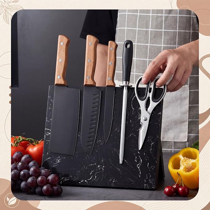 Magnetic Knife Block Marble Black Magnetic Knife Holder Heavy Duty Knives Block Stand with Strong Magnets for Countertop Kitchen Storage, 8.46 x 10.24 Inches