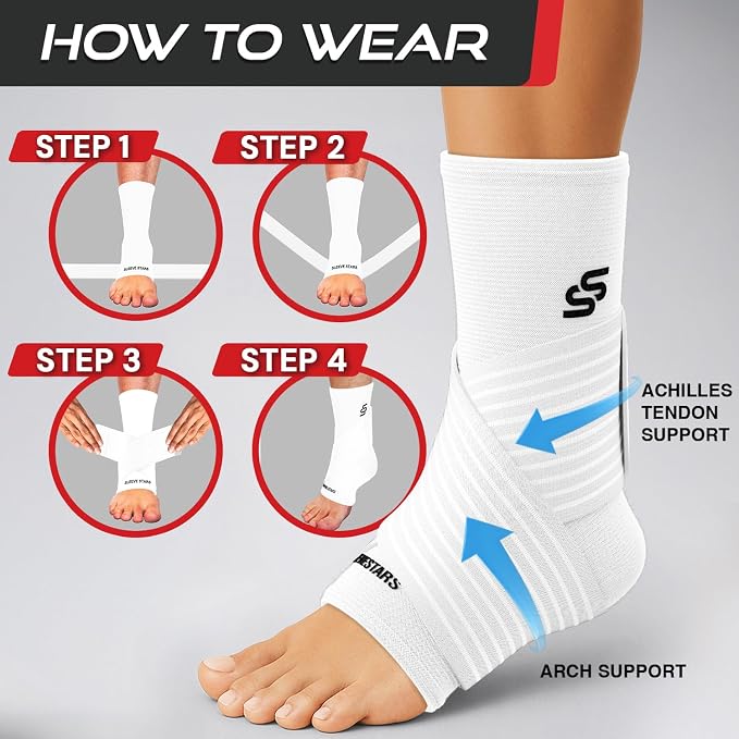 Sleeve Stars Ankle Brace for Women & Men, Ankle Wrap for Sprain, Compression Sleeve for Plantar Fasciitis Relief, Easy Customizable Support: w/ Removable Strap (Pair/M:10"-12"/White)