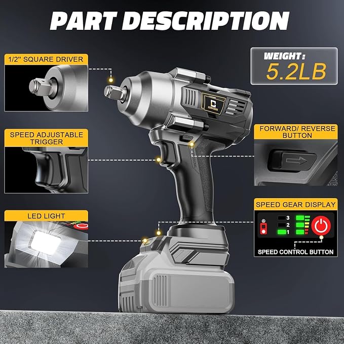 Cerycose Cordless impact Wrench 1/2 inch Compatible with Dewalt 20V Battery, 750FT-LBS (1000N.m) Brushless Electric Impact Gun with LED Work Light & 6 Sockets, High Torque Impact Driver, Bare Tool