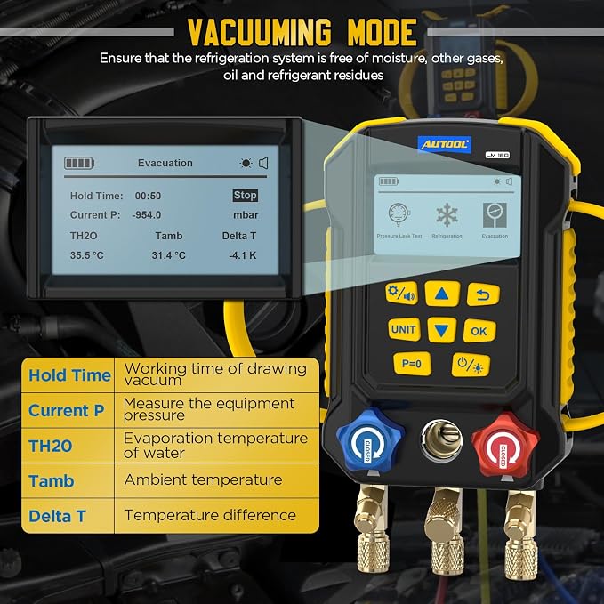 AUTOOL AC Manifold Gauge Set, Incl. 2X Pipe Clamp Thermometer, 1x Digital HVAC Gauge, Set of 3 Hoses – AC Gauge Set, with Evacuation Mode, Refrigerant Mode and Pressure Leak Test