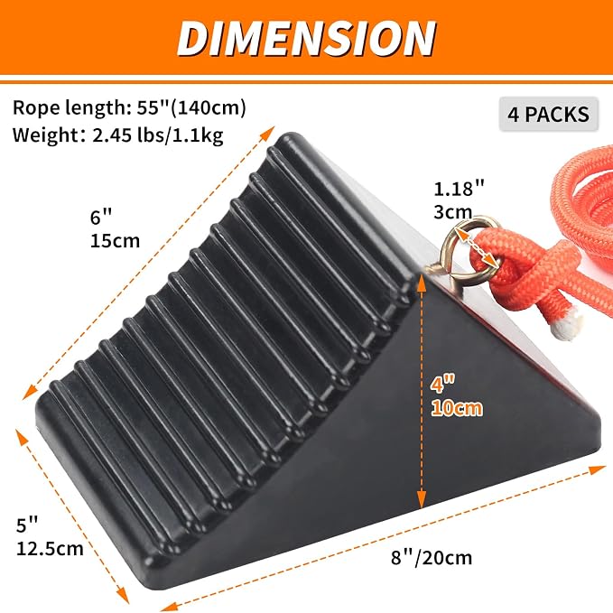 OULEME Heavy Duty Rubber Wheel Chocks with Eyebolt, Solid Wheel Stoppers for Camper, Travel Trailer, RVs, Truck, and ATV, Anti-Slip and Anti-Oil Design, 8"x5"x4"(4-Pack)