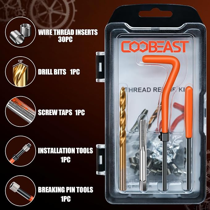 coobeast Thread Repair Kit, Thread Repair Tool with HSS Drill Bit & 30pcs 304 Stainless Steel Inserts, Complete Helicoil Rethreading Tool Set for Automotive Engine with Portable Carry Case M6x1.0