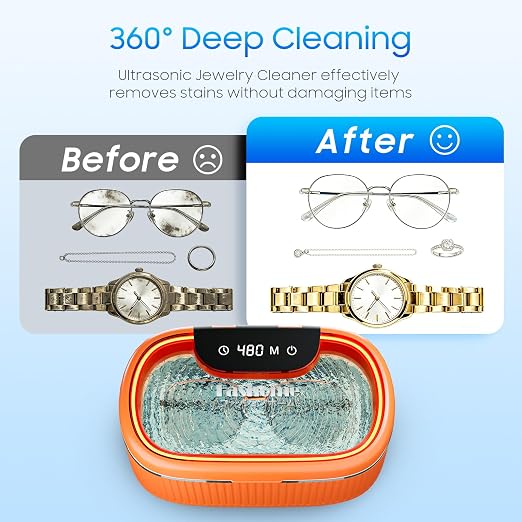 Ultrasonic Jewelry Cleaner with 45kHz for Rings, Glasses & Retainers | Deep Cleans Necklaces, Earrings & Watches • 20oz Tank • 3 Power Modes • 5 Timer Settings • 2 Cleaning Solutions