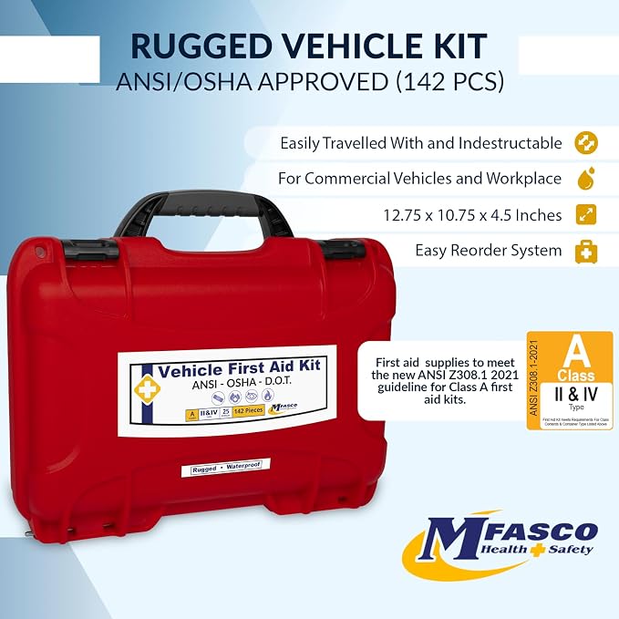 MFASCO Deluxe Class A First Aid Kit 909 Red | DOT, ANSI & OSHA Approved, Packed in a Rugged, Waterproof, Indestructible Case, Compartmental Bag, Durable, Red Plastic Kit, OSHA Type II & IV Container