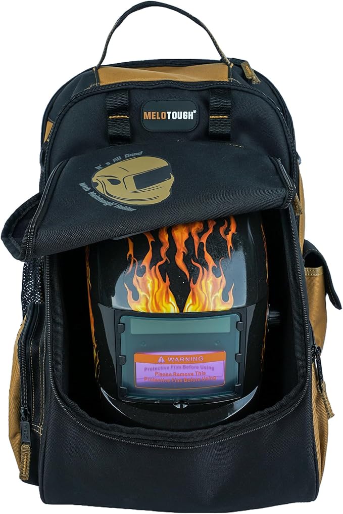 MELOTOUGH Electricians Tool Bag Backpack Welding Helmet Bag Heavy Duty Tool Bag Backpack for Men Tool Organizer Bag for Electrician, Carpenter, Construction,HVAC,Welder（Khkai）