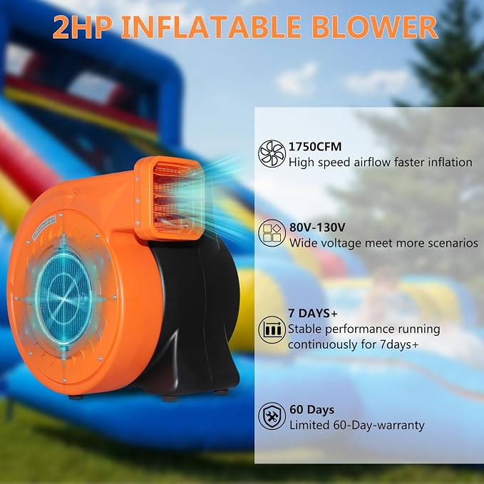 2HP Inflatable Bounce House Air Blower 1500W High Power Commercial Fan for Paint Booth, Water Slides, Castle and Jump Slides (Orange)