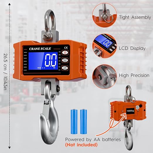 Digital Crane Scale 2200lb/1000Kg Digital Hanging Scale with LCD Screen, Crane Scale Industrial Heavy Duty with Unit Change, High Precision Crane Scale for Market, Farm, Construction, Factory