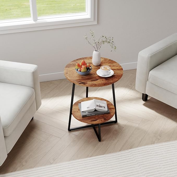 Round End Table - 23.6" H Side Table with Metal Frame, Industrial Accent Tables for Living Room Bedroom, Rustic Brown (1 Pack)