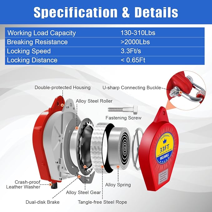 Fall Protection Lanyard Fall Arrest Protector 33Feet Self Retractable Double Locking Gear, Dual Shell Fall Safety Lifeline, Rope for Roofing, Construction, Rescue