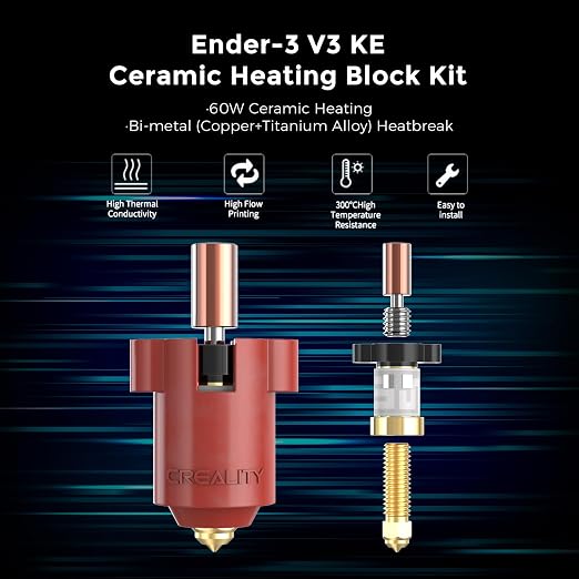Creality Ender 3 V3 KE Hotend Kit, Original Ceramic Heating Block Kit 300°C 60W Fast Heating High Thermal Conductivity Ceramics with Bi-Metal Copper+Titanium Alloy Throat Tube and Brass Nozzle