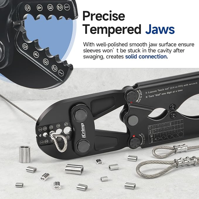 iCrimp 1608B Wire Rope Crimping Tool, 5 Die Slots 1/16" to 3/16", Heavy Duty Hardened Steel Swaging Tool for Aluminum Oval, Stop, Loop & Crimp Ferrules