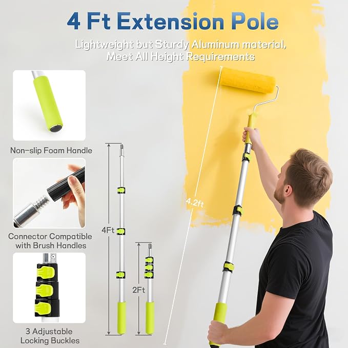 29 PCS Paint Roller Kit-Rocfinity Paint Roller with 4ft Extension Pole,Microfiber Paint Rollers 9 inch 4inch,Pro House Painting Supplies with Adhesive Tape, Non-Slip Tray for Painting Walls & Ceilings