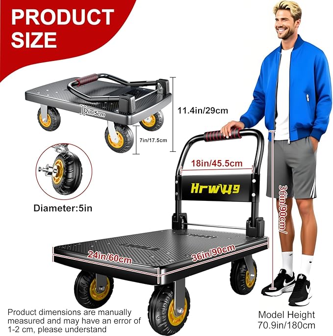 Push Cart, Folding Mobile Platform Trolley (Black) | 360° Swivel Wheels,35.4 “L x 23.6 ”W, 1323 lb.Grey Dolly cart with Wheels