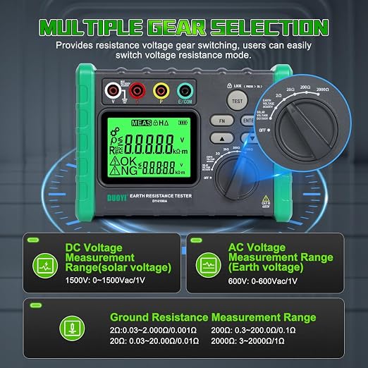 DUOYI Earth Ground Resistance Tester 0.03-2000Ω Soil Resistivity Meter,Upgraded Earth Resistance Tester Auto Measurement 600V AC Ground Voltage Meter with 6pcs 1.5V Batteries,Tool Bag