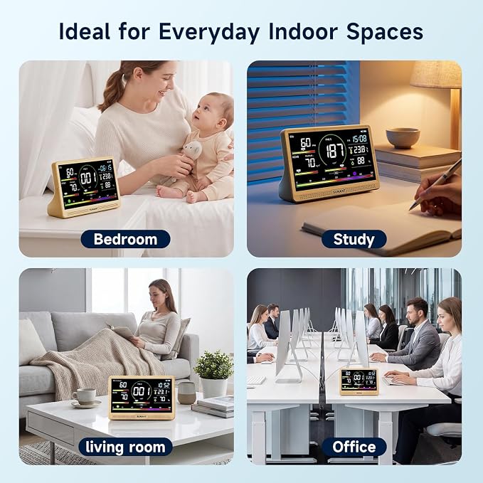 16-in-1 Air Quality Monitor Indoor, 7' Smart Large Display 9 AQI+7 Alarm Alerts, Real Time CO2, Formaldehyde, TVOC, PM2.5, PM10, Temperature & Humidity Portable Battery Powered Tester for Home, Office