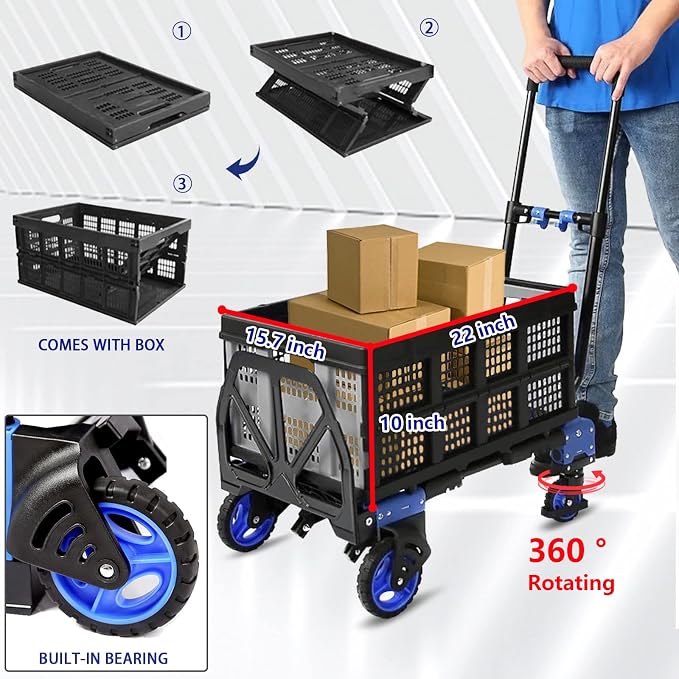 Folding Hand Truck Dolly with Folding Basket, 330LBS Capacity Carts with Wheels 2 in 1 Platform Truck, Push Cart Dolly with 4 Wheels and Retractable Handle