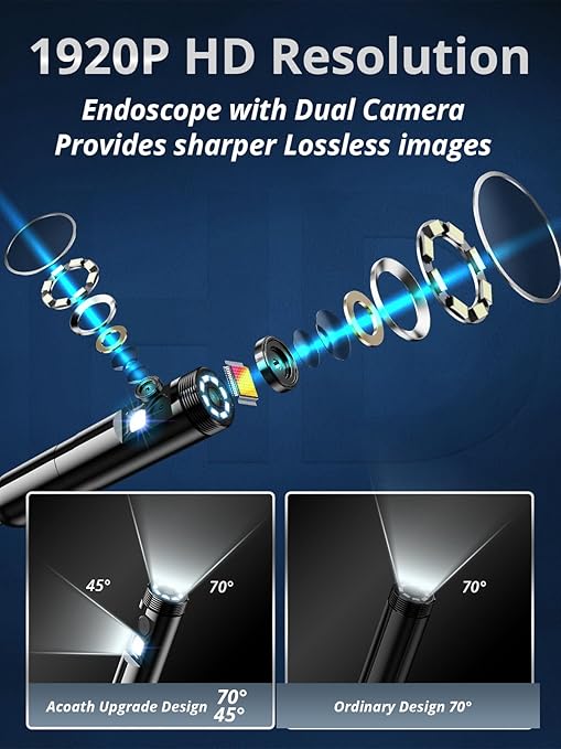 Acoath Endoscope Camera with Light, Dual-Lens 1920P HD Borescope with 8 Adjustable LED Lights, IP67 Waterproof Boroscope Inspection Tools, 16.4ft Semi-Rigid Snake Camera for iOS & Android
