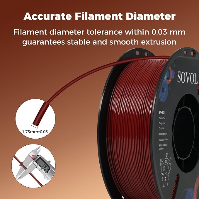 Sovol 3D Printer PETG Filament 1.75mm 1KG (2.2lbs), High Precision, Strong Toughness, Wiring Tightness, Dimensional Accuracy +/- 0.03 mm, 3D Printing PETG Filaments, Brown