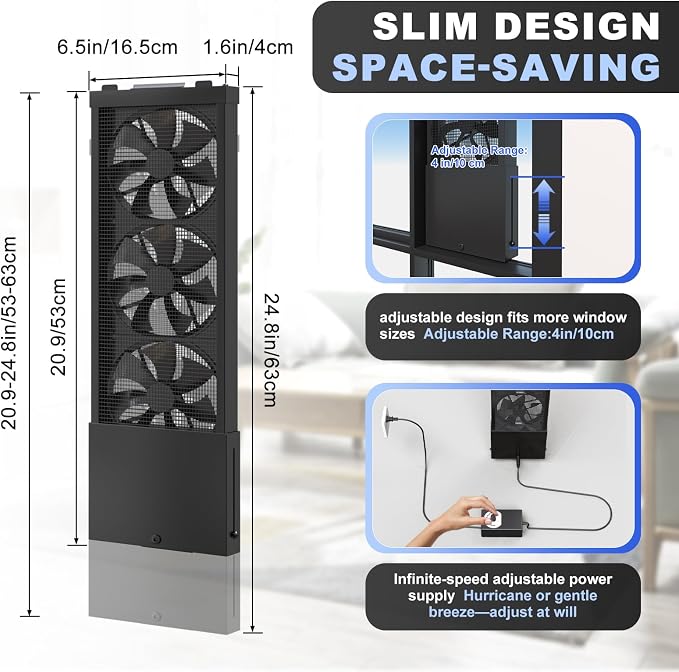 AMSXNOO 20.9-24.8" Vertical Window Exhaust Fan for Sliding Window, Punch-Free Installation Casement Window Fan, Variable Speed Vent Fan, 4" Retractable, for Livingroom Bedroom Bathroom Kitchen Office