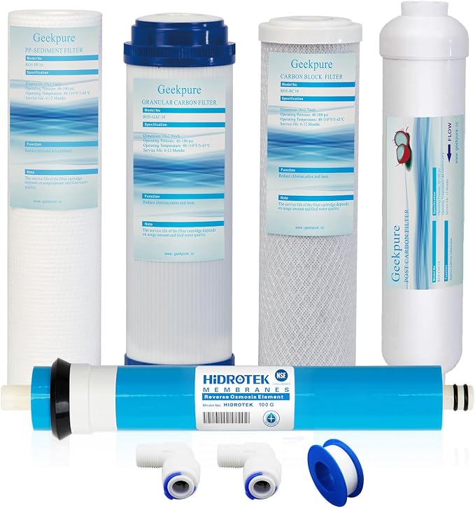 Geekpure 5 Stage Reverse Osmosis Filter Set with 100 GPD NSF Membrane | RO Replacement Filter Cartridges-2.5 x 10 Inch