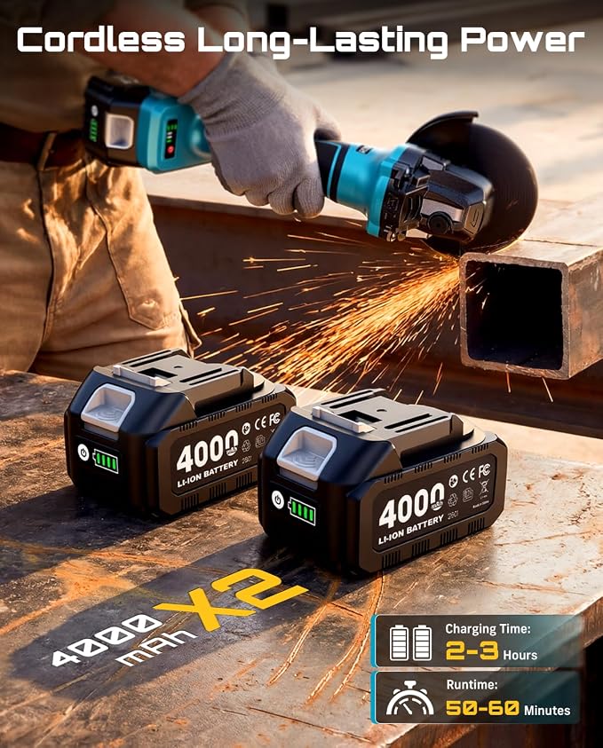 SEESII Angle Grinder Cordless 21V, 9500RPM Battery Grinder Tool, Brushless Motor, 2X 4.0Ah Batteries, Lightweight Design, 4-1/2 inch Power Electric Grinder Kit for Metal Cutting, Grinding