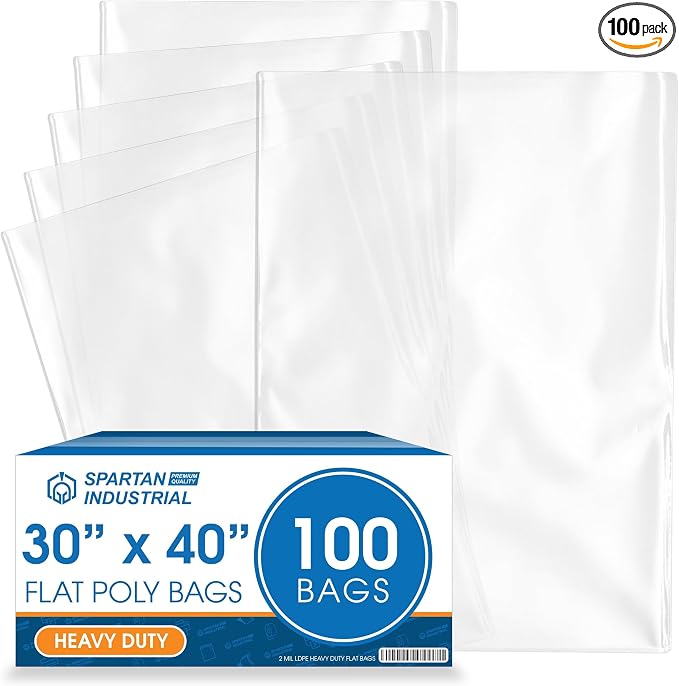 30" X 40" Open-End Flat Poly Bags (100 Count) - 2 Mil Clear Plastic Bags for Packaging, Shipping, Storage - No Adhesive Strip - Spartan Industrial