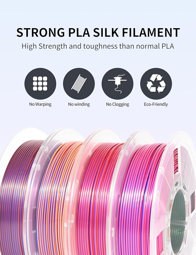 RAMBERY Tricolor PLA 3D Printer Filament Bundle 1.75mm, 250g x 4 Spools | Silk PLA, Shiny Multicolor, Triple Color Change by Angle, Toughness Upgraded