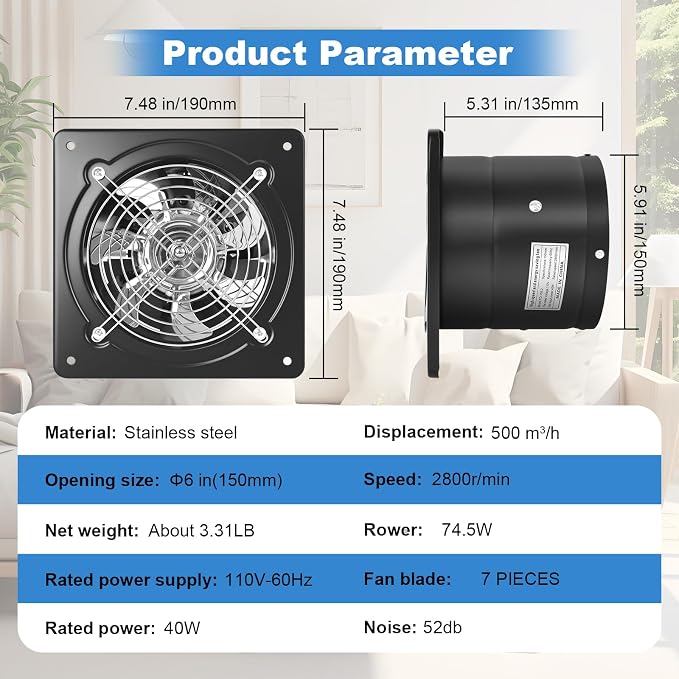 6-inch wall-mounted kitchen metal exhaust fan with switch, 382-576CFM, portable installation, with return air valve, suitable for attic, garage, bathroom, office, basement ventilation, Black