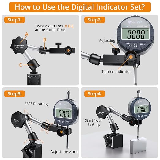 Neoteck 1"/25.4mm (0.0005"/0.01mm) Digital Indicator Set Dial Indicator and Magnetic Base Set with Storage Case, Ideal for 3D Printer Lathe Workshop CNC Machine Table Saw-90lbs(40kg) Max Pull