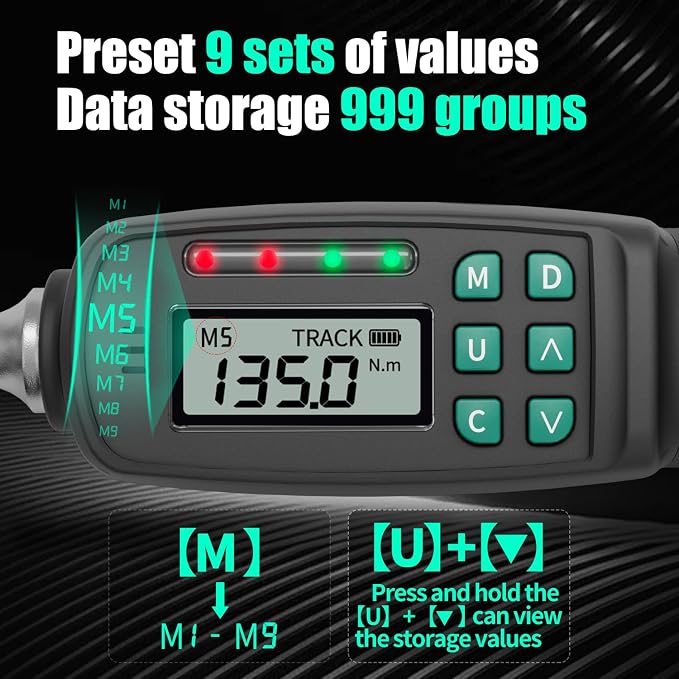 1/2" Digital Torque Wrench 2.9-99.6 ft-lb/4-135 Nm, ±2% Accuracy, LED & Buzzer Alerts, 4 Units, Industrial CR-V Steel, Calibration Report & Protective Case for Car, Motorcycle, Bike Repair