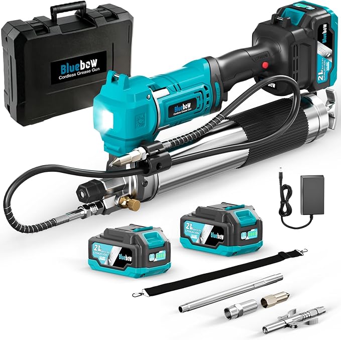 Bluebow 21V Cordless Electric Grease Gun Kit, 12000 PSI Battery Powered Grease Gun, 7.05 oz/min, 2×4000mAh Batteries, LED Light, 39.4" Hose, Lightweight for Farm, Truck, Tractor