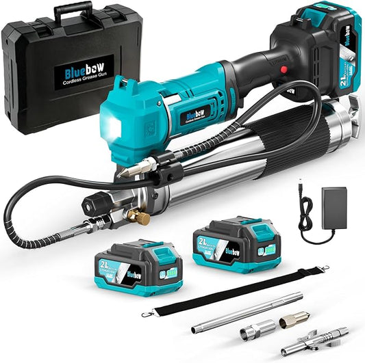 Bluebow 21V Cordless Electric Grease Gun Kit, 12000 PSI Battery Powered Grease Gun, 7.05 oz/min, 2×4000mAh Batteries, LED Light, 39.4" Hose, Lightweight for Farm, Truck, Tractor