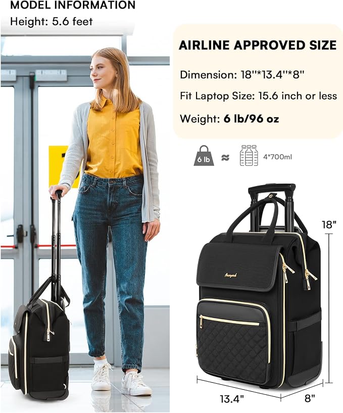 Arcoyard Rolling Backpack for Women, Travel Rolling Laptop Backpack with Wheels, Vertical & Horizontal Storage 2 In 1, Flip-Top Design, Water-Resistant Overnight College Underseat Carry on Luggage
